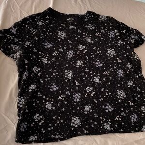 Old Navy Black Tee with White and Blue Floral Pattern